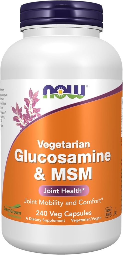 NOW pārtikas piedevas, glikozamīns un MSM (GreenGrown® Glikozamīns), Veģetārs, 240 Veg kapsulas