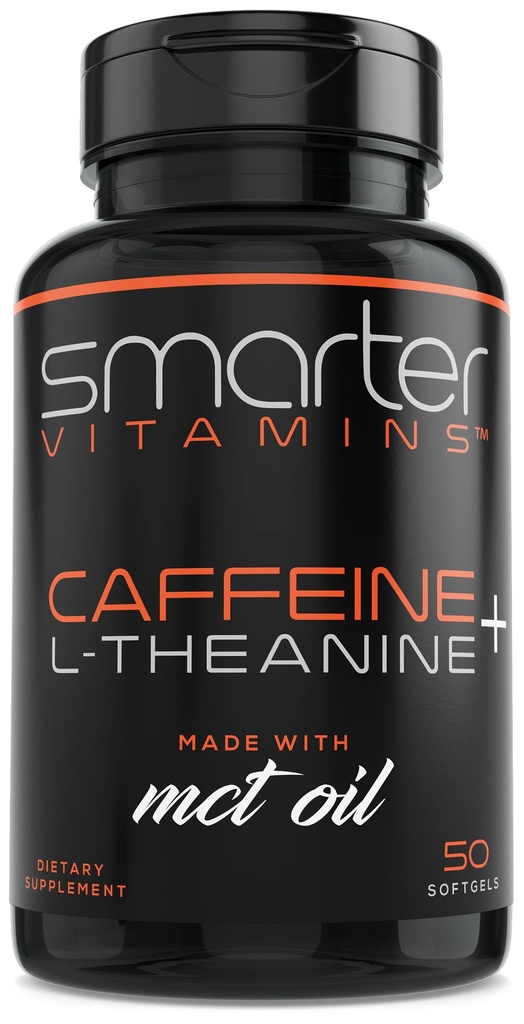 SmarterVitamins 200mg kofeīna tabletes - MCT Eļļa no 100% kokosriekstiem + 100mg L-teanīns, enerģija un fokuss, paplašinātās atbrīvošanas kapsulas, 50 Šķidrie softgeli