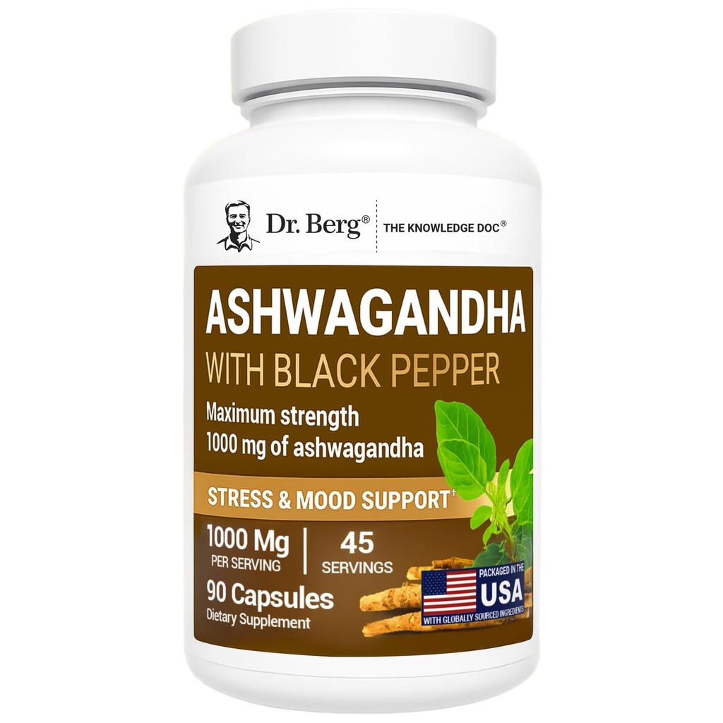 Dr. Berg Ashwagandha kapsulas 1000mg - Ietver Ashwagandha saknes ar melnajiem pipariem no bioperīna - Ashwagandha papildinājumi 90 kapsulas
