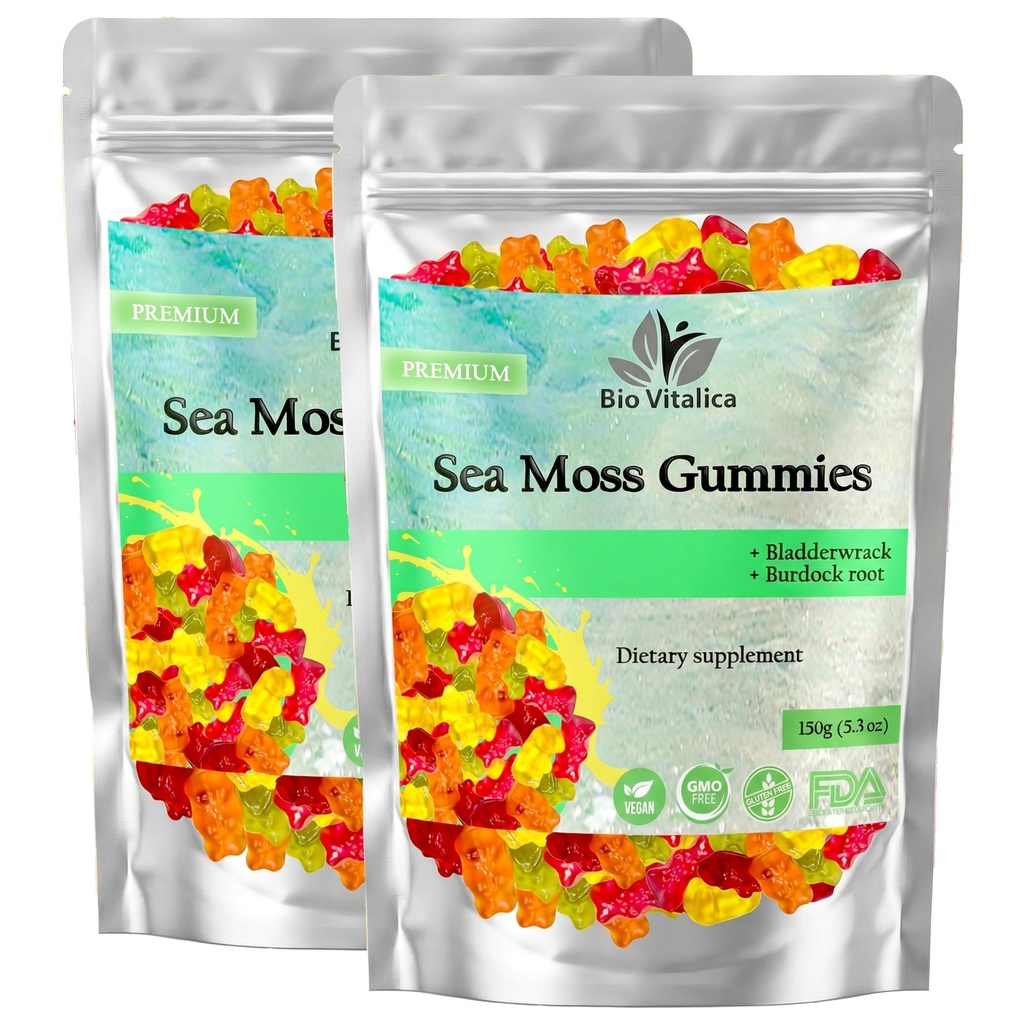 BIO VITALICA Sea Moss Gummies – ar Bladderwrack & Burdock Root – Wildcrafted Gel + Powder – Vegan, Keto, Non-GMO, Gluten-Free – Fruity Mineral-Rich Gumies – 50 Count (2 Paka)