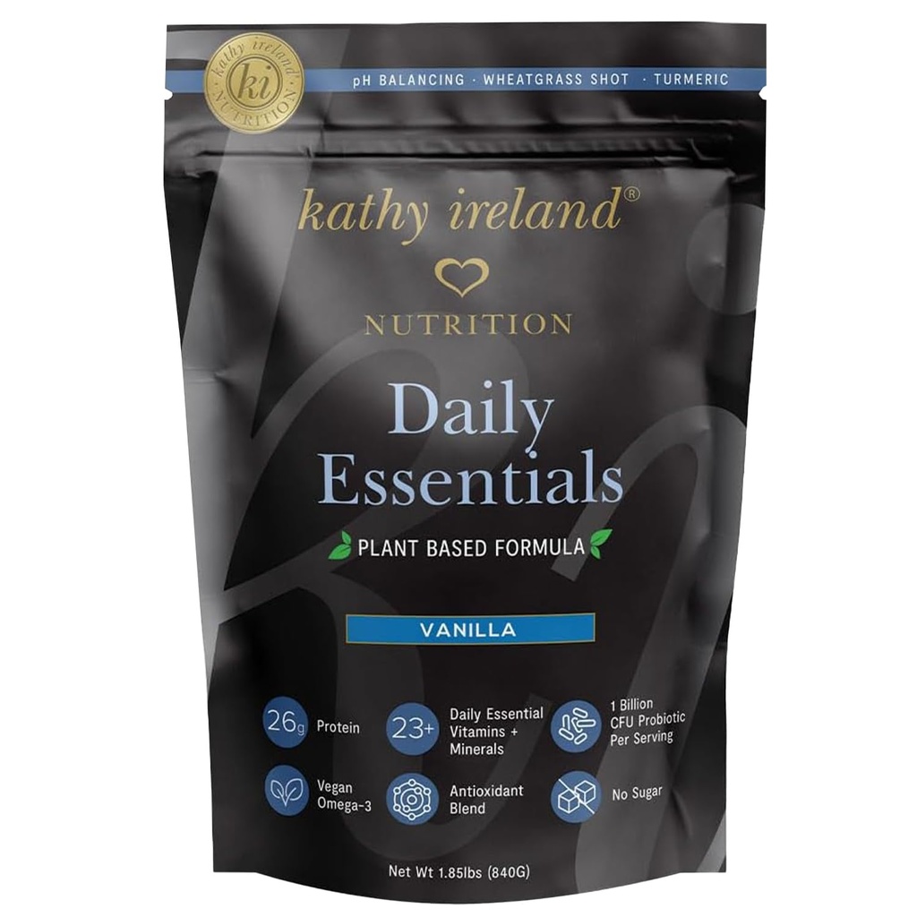 Kathy Ireland Plant-Based Vanilla Protein Powder, 26g Protein, Low-Carb Maleal Replacement, Pea, Mung & Fava Bean Blend ar probiotikām, Vitamīniem un minerālvielām, 1.85 mārciņas