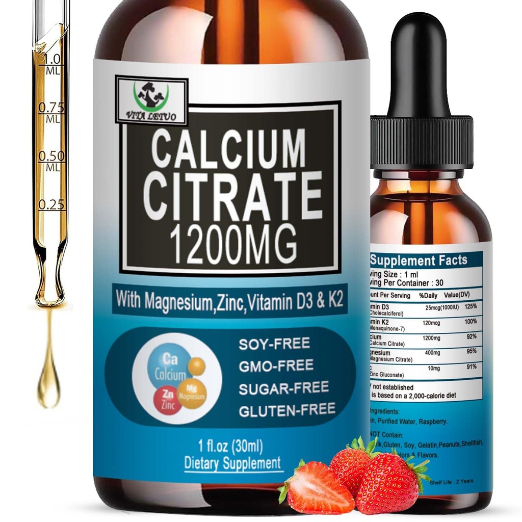 Kalcija citrāta papildinājums, 1200mg Kalcijs ar vitamīnu D3 pilieni kaulu, zobu, koka, kardiovaskulārā veselība, augsta Absorbcija Šķidrais kalcija magnija citrāts 400mg Plus Cinka vitamīns K2,Vegan,30 Kalpo