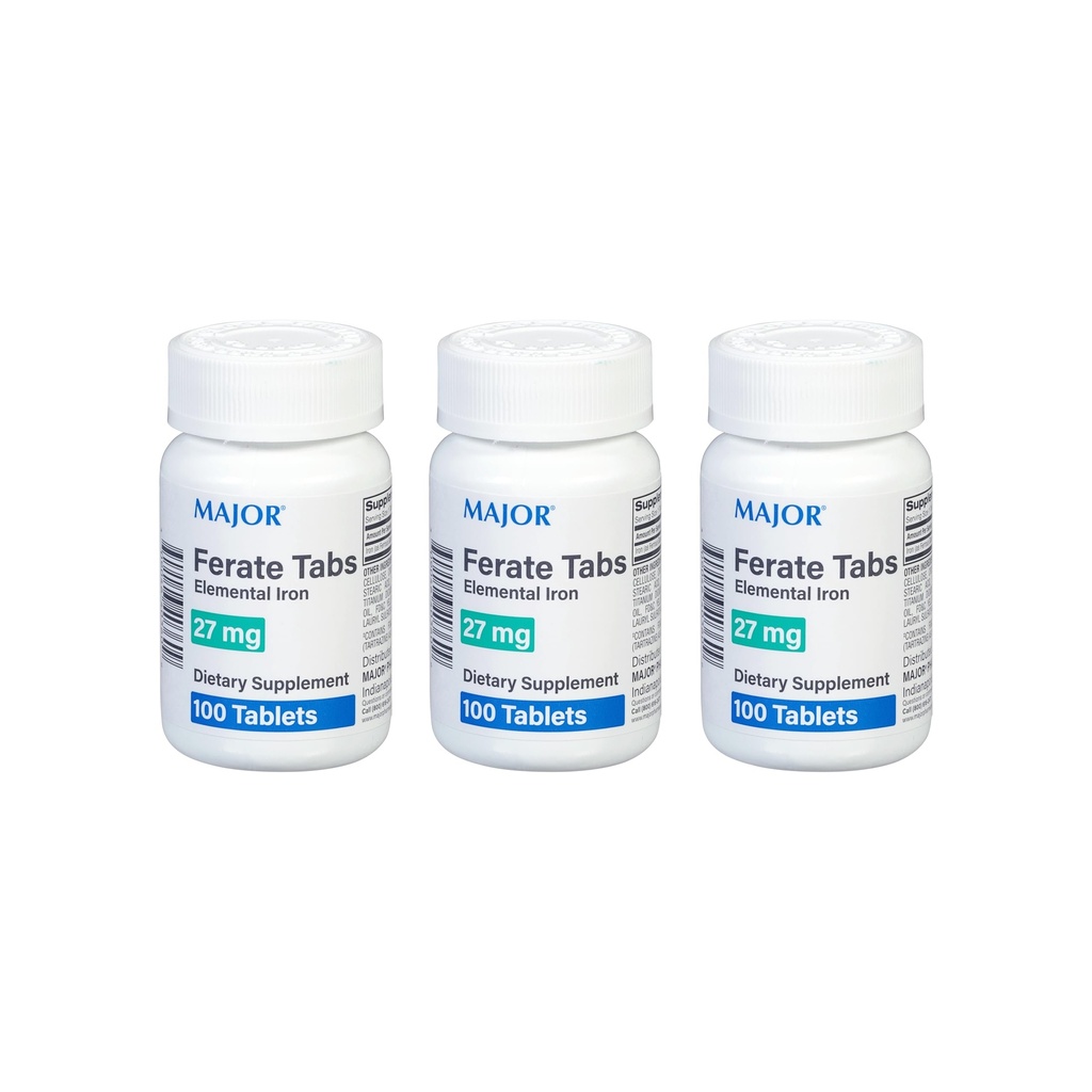 Major 27 mg Ferate Tabs - dzelzs glikonāts Elemental Dzelzs Diētiskā Papildinājums - 100 Skaits (3 iepakojumi)