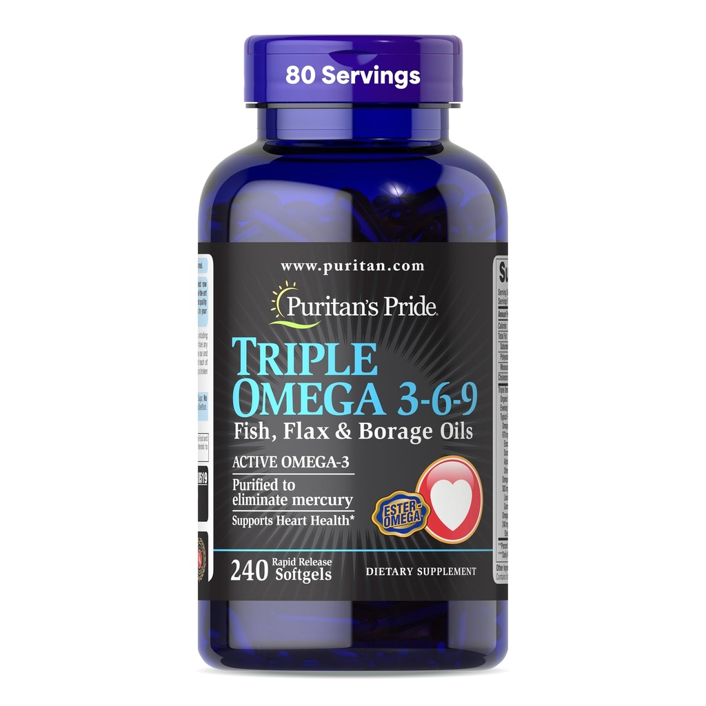 Puritan's Pride Premium Triple Active Omega 3-6-9 Zivju, Linu un gurķu eļļas, Diētiskais papildinājums sirds, locītavu un šūnu veselības atbalstam, 240 Rapid Release Softgels