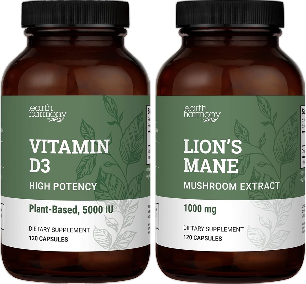 Earth Harmony Vegan vitamīns D3 5000 iu & Organic Lion's Mane 1000mg Papildinājums - 120 kapsulas Katra