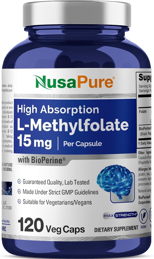 NusaPure L Metilfolāts 15 mg, 120 Veggie kapsulas, bioperīns