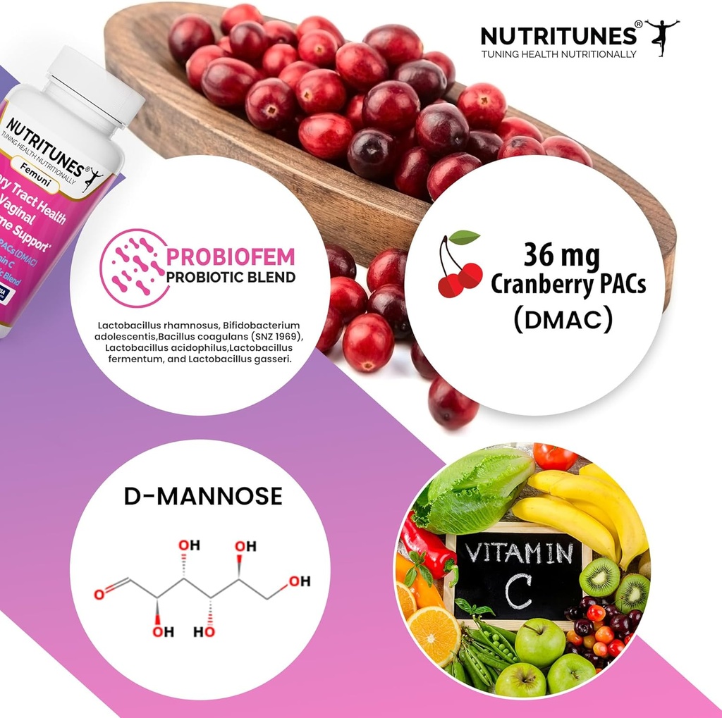 Dzērveņu PACs ar D Mannozes bagātinātājiem sievietēm, C vitamīns un sievietes Vagināla probiotika, ieskaitot Lactobacillus un Bifidobacterium celmi urīna trakta veselībai - 60 Femuni UTH kapsulas