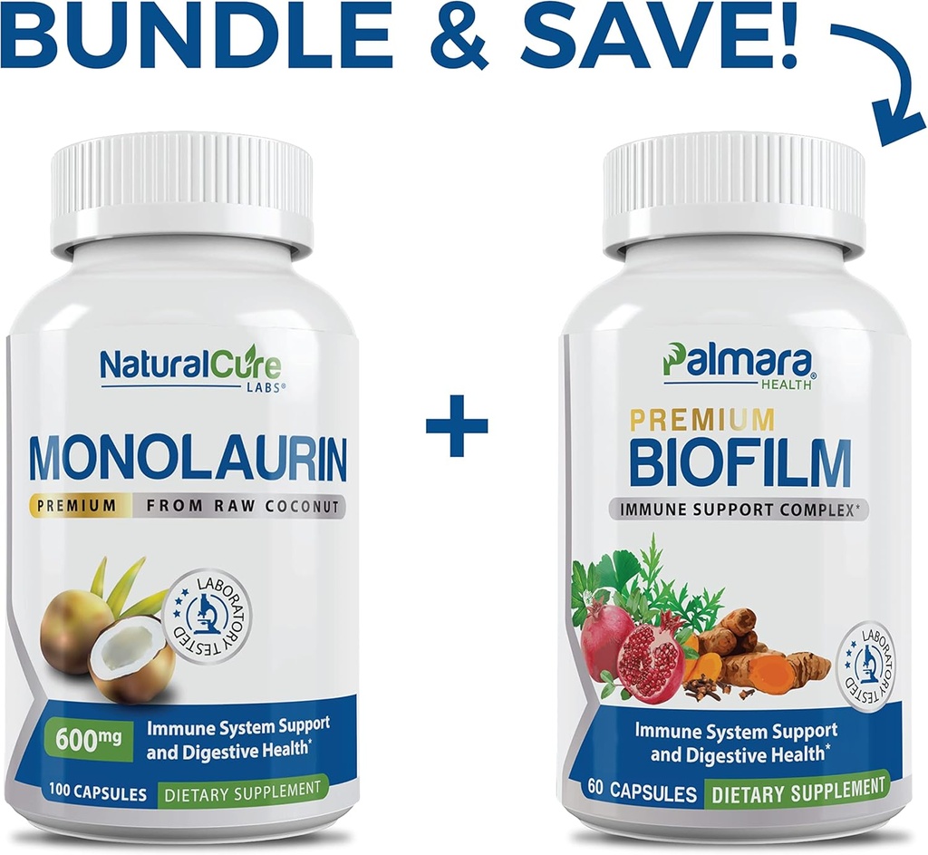 Dabiskā cure Labs paka: Premium Monolaurin 600mg + Biofilm Complex