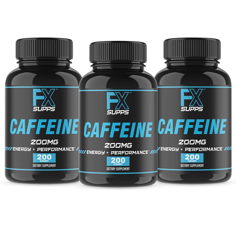FXSUPPS Kofeīns 200mg tabletes (3-iepakojums, 600 kapsulas) – Ātri darbojas enerģijas atbalsta papildinājums vīriešiem un sievietēm         ) Atbalsta Focus, trauksmes un vielmaiņas funkcija Protams