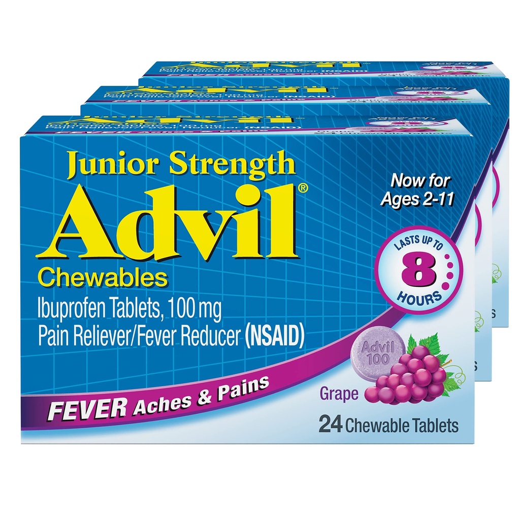 Advil Junior Strength Košļājamās Ibuprofēns Sāpes Reliver un drudzis Samazinātājs, Bērnu Ibuprofēns sāpju atvieglošanai, Vīnogu - 24 tabletes (3. iepakojums)