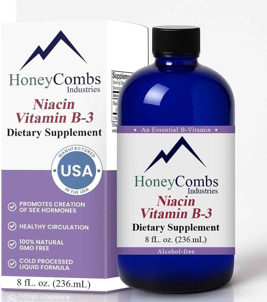 HoneyCombs Vitamīns B3 Niacin Papildinājums Šķidrie pilieni - Augstas aktivitātes vitamīns B3 Šķidrie pilieni vīriešiem un sievietēm - Uztur gremošanas sistēmu, ādu, mēli, enerģiju un citus - Vegan Niacin Drop (8 Fl oz)