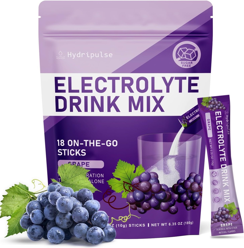 Elektrolītu pulvera paketes - bez cukura, dabiski aromatizēti, 10 Elektrolītu un vitamīnu Elektrolītu maisījums - Vīnogu Flavors, Keto Friendly, Vegāns, Ne-ĢMO, 18 Paketes