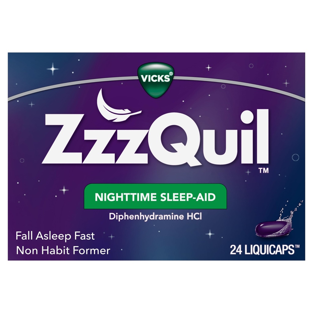 Vicks ZzzQuil, Nakts miega palīglīdzeklis LiquiCaps, 25 mg Difenhidramīna HCl, Nr. 1 Sleep-Aid zīmols, ne-Habit Forming, Fall Asleep Fast, 24 Skaits