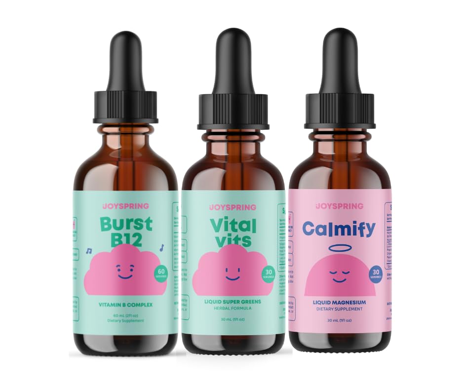 JoySpring B-Complex & Vital Vits ar magnija pilieniem bundle ; dabiski avota Kids Vitamīni & Minerālvielas; ne-alkoholiski, bezcukura šķidruma formula; Vegāns un veģetārs šķidruma pilieni Papildinājums