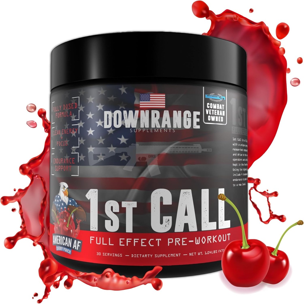 DownRange 1st Call pirms treniņa pulveris, pirms treniņa vīriešiem un sievietēm, aminoskābe Beta Alanine, kofeīns un vairāk sūknis, enerģija un fokusa atbalsts, 30 Kalpotāji (Cherry Punch)