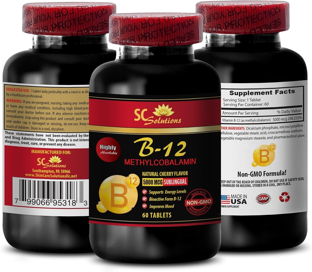 B12 vitamīna un magnija piedevas - METHYLCOBALAMIN VITAMIN B-12 5000 - labākie vitamīni sievietēm pēc 50 gadu vecuma plus enerģija, labākie vitamīni vīriešiem pēc 40 gadu vecuma, pastiprinātāja kapsulas - 1 pudele 60 tabletes