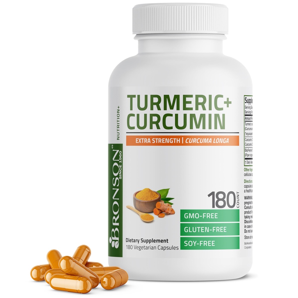 Bronson Turmeric Curcumin Extra Strength - Antioksidants, locītavu un gremošanas papildterapija ar BioPerine, ne-GMO, 180 Veģetārās kapsulas