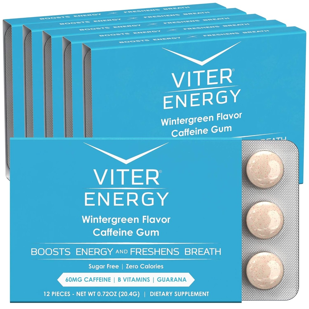 Caffeinated Gum 60mg Kofeīns, B Vitamīni, Guarana, bez cukura. (Ziemaszaļie, 12 gab., 6 iepakojumi)