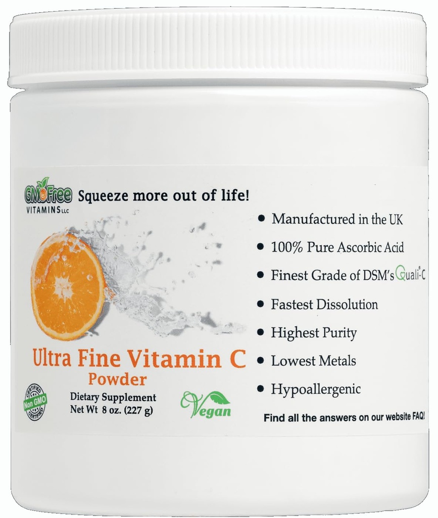 Bezmaksas ĢMO Vitamīni - Ultra Fine NeĢMO C vitamīna pulveris, Ražots Apvienotajā Karalistē - Augstākā pakāpe Quali-C L-Askorbīnskābe maksimālā bioloģiskā pieejamība – Vegan (8 oz.)