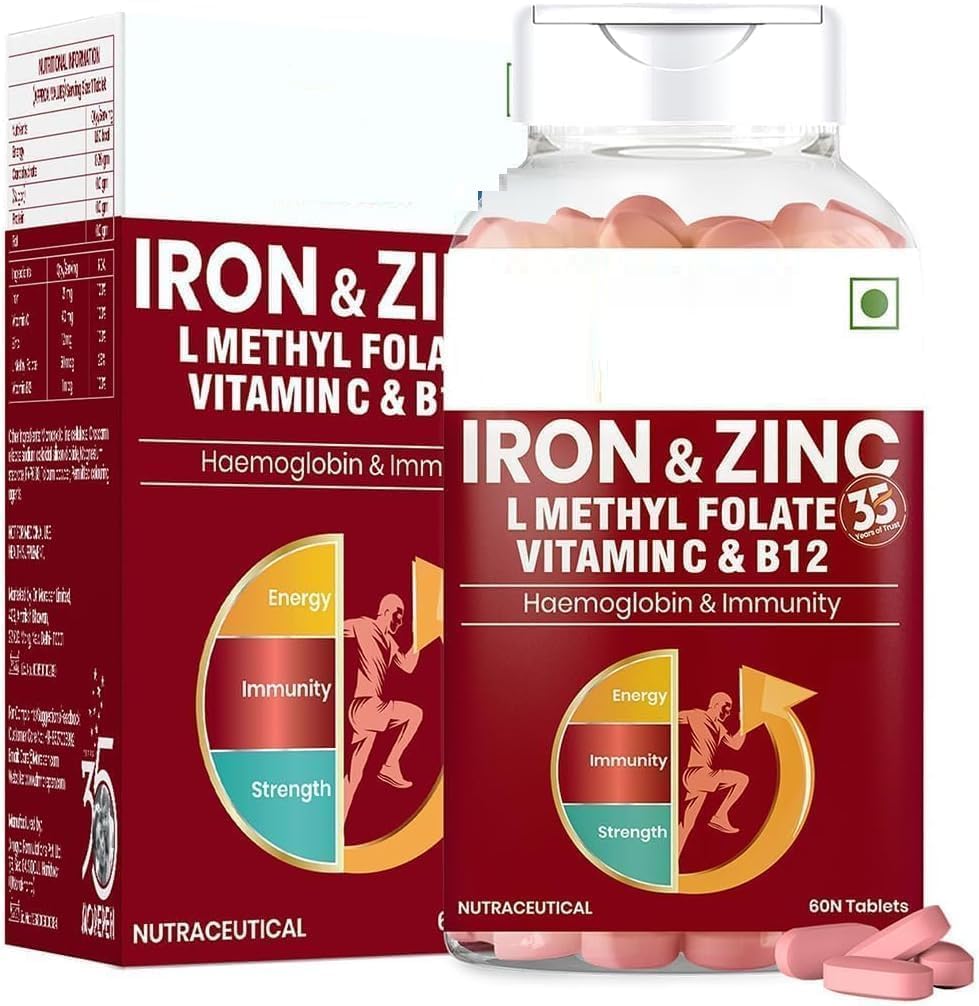 Dzelzs un cinka tabletes Bagātinātas ar vitamīnu C & B12 -- Imunitāte & Hemoglobīna pastiprinātājs -- paaugstina HB līmeni + veicina veselīgu dzelzs līmeni -- samazina nogurumu, uzlabot respiratoro veselību un enerģiju -- 60 T