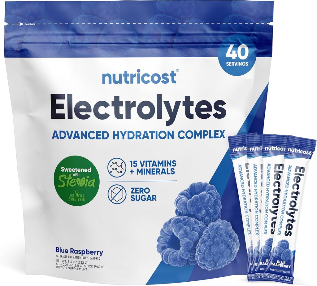 Nutricost Elektrolītu pulveris Hidrēšanas paketes (zils aveņu, 40 Servējumi) Zems Calorie Keto Elektrolīti Saldināts ar Stevia - ne-GMO, bez lipekļa un bez cukura