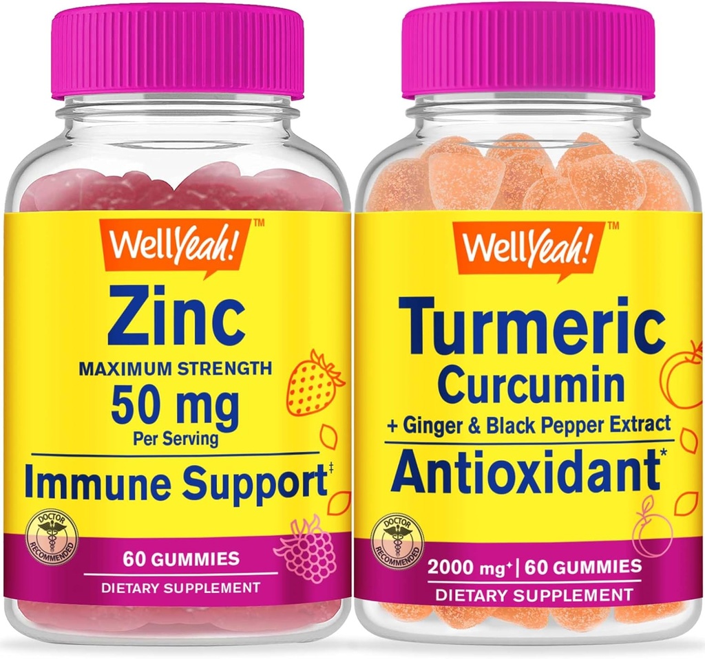WellJā Cinks + kurkumīns, gumijas Bundle - Great Tasting, Vitamīnu piedevas, bez lipekļa, bez ĢMO, bez košļājamām gumija