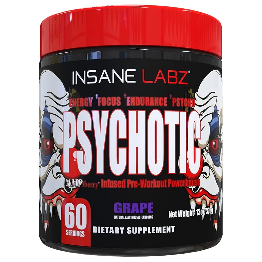 Insane Labz Psychotic, augsts stimulants pirms Workut pulveris, Extreme Lasting Enerģija, Fokuss un izturība ar Beta Alanine, kreatīnmonohidrāts, DMAE, 60 Srvgs, Vīnogas