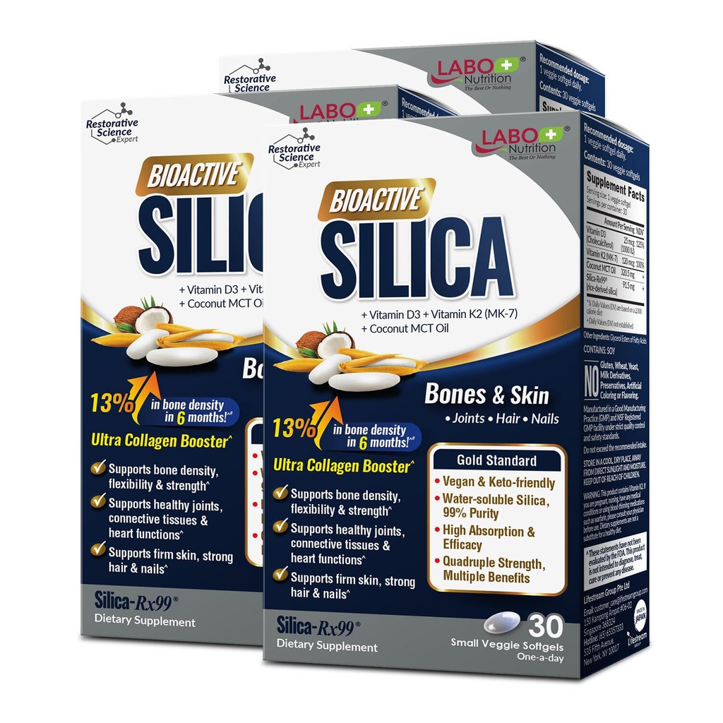 LABO Nutrition Bioactive Silica – Matu, ādas, nagu, kolagēna veidošanās, locītavu un kaulu stiprums – Atbalsts Kaulu veselība un kolagēns Booster – 99% Tīrība Rīsi-Derived Silica Papildinājums, 30 Vegan Softgel