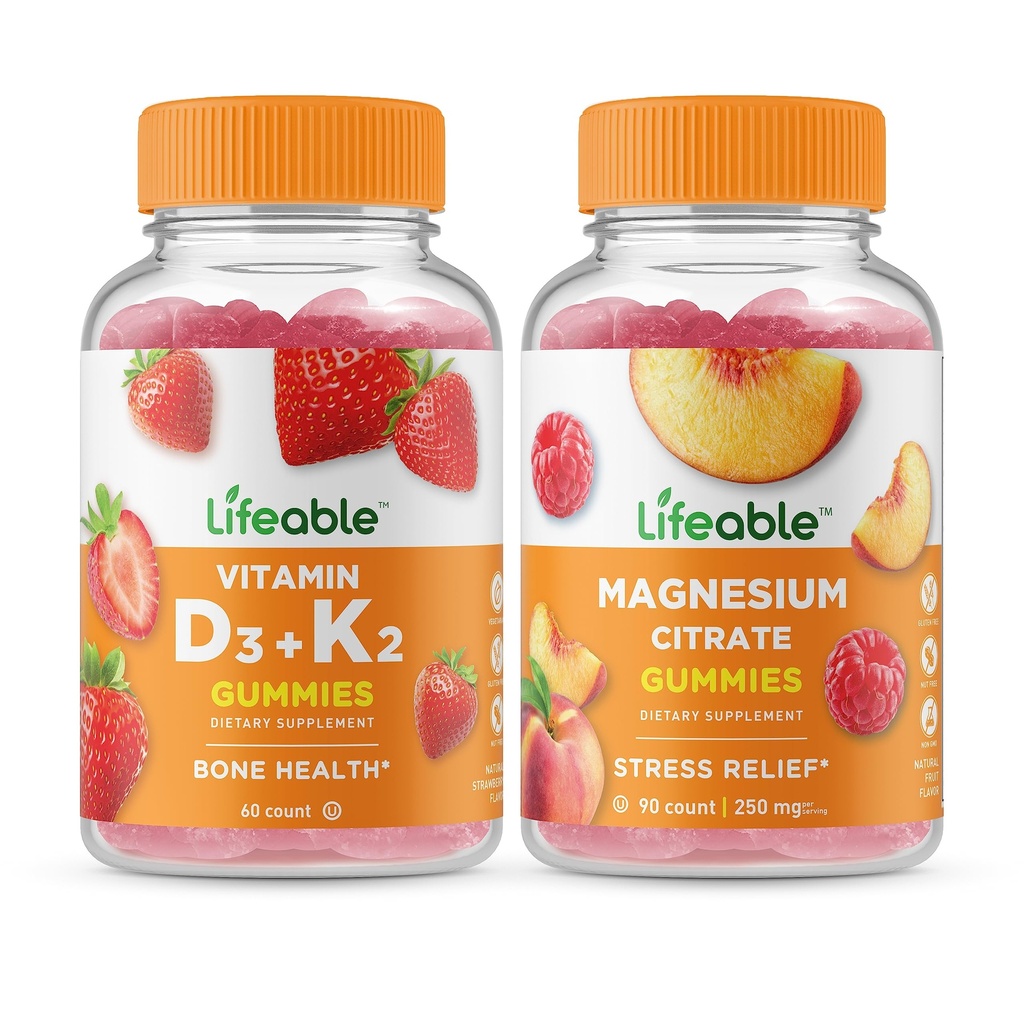 Dzīvotspējīgs vitamīns D3 + vitamīns K2 + Magnijs 85mg, Gumijas Bundle - Great Tasting, Vitamīnu Papildinājums, Bez lipekļa, Bez ĢMO, Košļājamā gumija