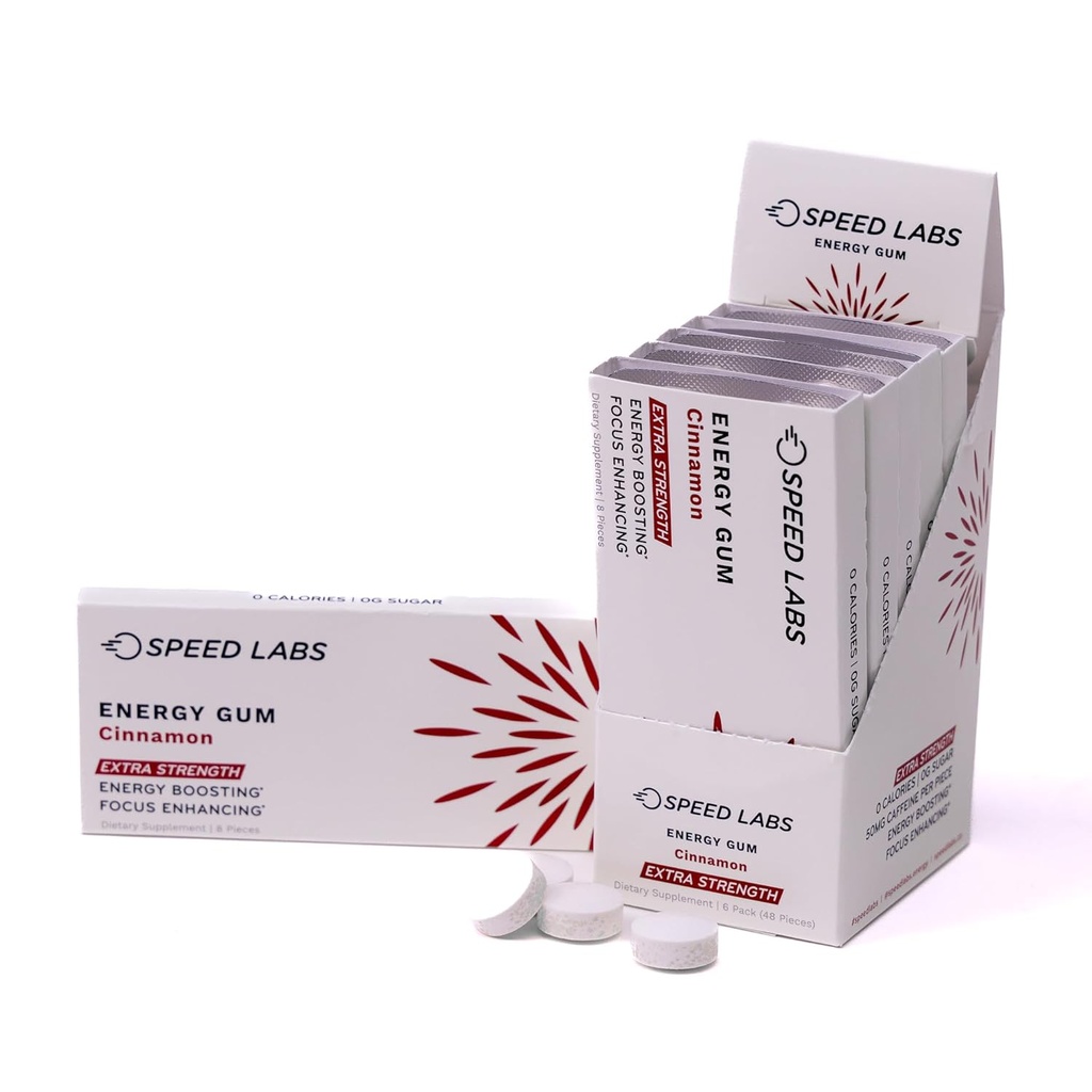 Ātruma Labs Cinnamon Extra Strength Kofeīns Kofeīns Gum 50mg Kofeīns, Taurīns, & B Vitamīni uz pīrāgu, 48 gabaliņi (6 iepakojumi pa 8 gabaliem) Bez cukura, bez kalorijām, bez aspartāma, bez lipekļa
