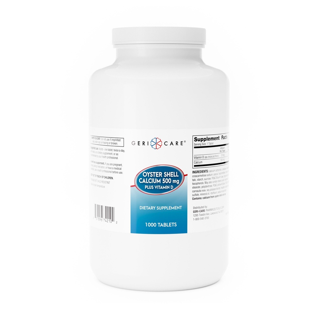 GeriCare Oyster Shell Kalcijs 500mg + D vitamīns, kaulu veselība, uztura bagātinātāju tabletes, 1000 skaitļa (iepakojums no 1)