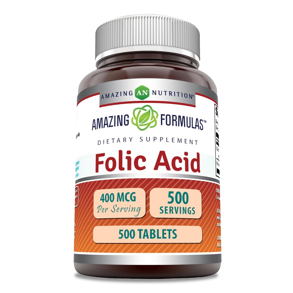 Apbrīnojami Formulas Folijskābe (B9 vitamīns) 400 μg tabletes Papildinājums -- Ne-GMO --- Bez lipekļa Izgatavots ASV (1 iepakojums - 500 Skaits)