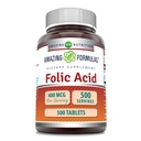 Apbrīnojami Formulas Folijskābe (B9 vitamīns) 400 μg tabletes Papildinājums -- Ne-GMO --- Bez lipekļa Izgatavots ASV (1 iepakojums - 500 Skaits)