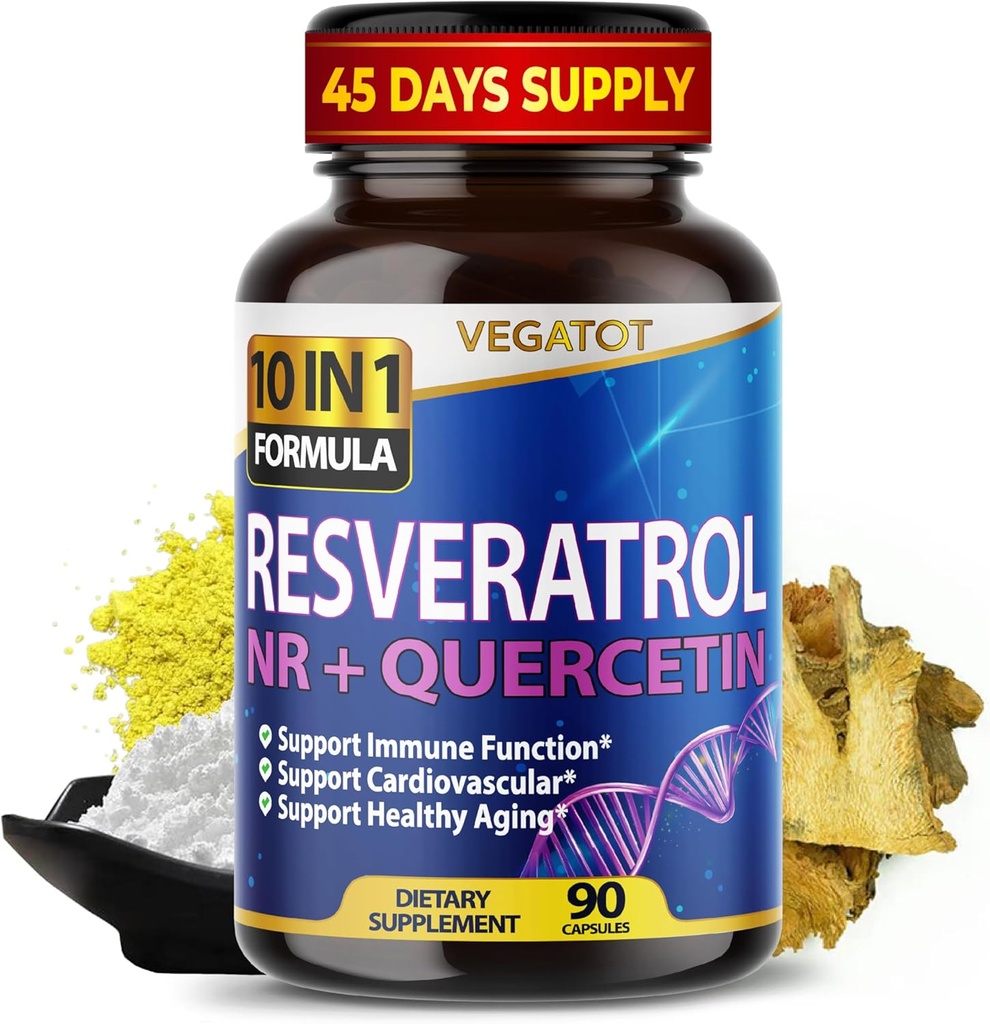 VEGATOT 10 in 1 augsta stipruma resveratrols ar Quercetin Veselīgi novecojot Imūns smadzeņu Boost locītavu atbalsts (90 skaitīšana (1. iepakojumā))