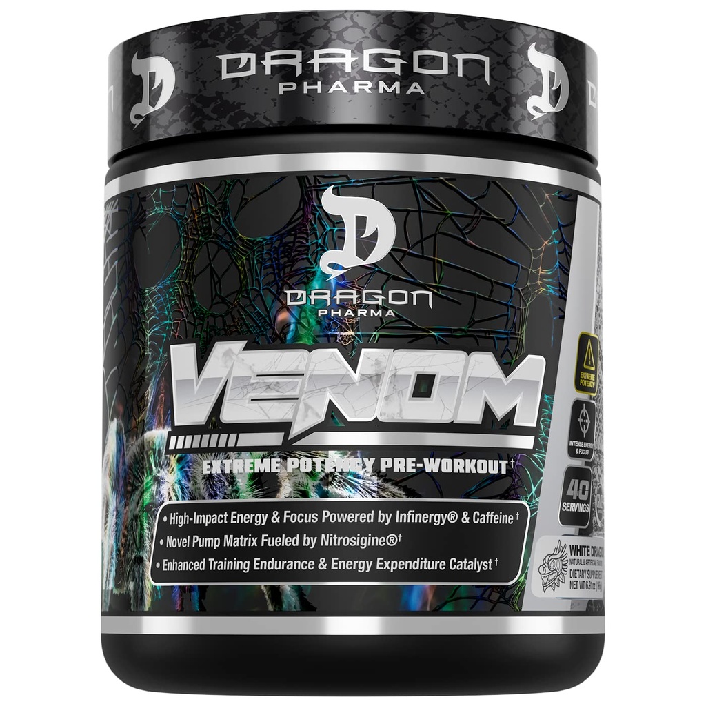 DRAGON PHARMA venom Extreme potencial Pre-Workout, Laser Sharp Focus + enerģija, Intensīva veiktspēja, pierādītas sastāvdaļas pastiprinātai vazodilatācija un izturība (40 Kalpo, White Dragon)