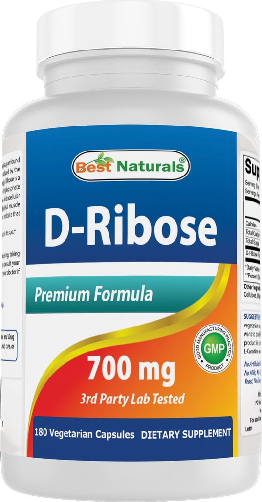 D-Ribose 700mg 180 Vcaps - dabas ATP enerģijas ražošana - ražots ASV balstīta GMP Certified Facility un trešās puses pārbaudīta tīrību. Garantēts!