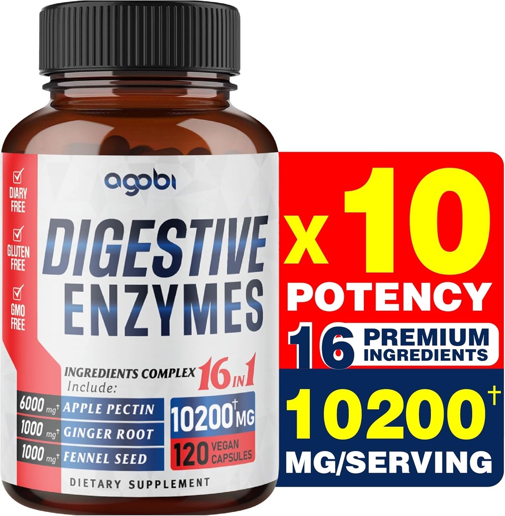 agobi 10200 Mg Gremošanas enzīmi ar prebiotiku pret gremošanas, imūnās un ķermeņa atbalsts - 16in1 ar Apple Pectin, ingvera saknes, prebiotikas sistēma un vairāk - 120 kapsulas 2 mēnešiem