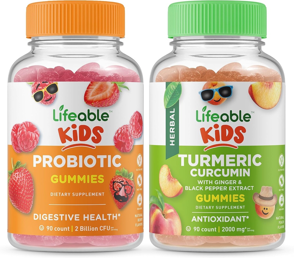Dzīvojams Probiotikas 2 miljardi KVV KVV Kids + Turmeric Curcumin Kids, Gummies Bundle - Great Tasting, Vitamīnu Papildinājums, Bez lipekļa, Bez ĢMO, Košļājamā gumija