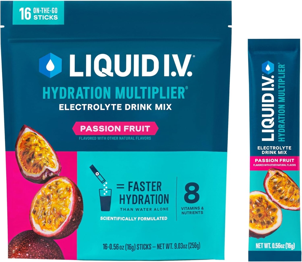 Šķidrs I.V.® Hidratācijas pavairotājs® - Passion Fruit - Hidratācijas pulvera paciņas -- Elektrolītu pulveris Dzērienu maisījums -- Ērti vienkārtas uzlīmes -- ne-GMO - 16 Kalpojumi (1. iepakojums)