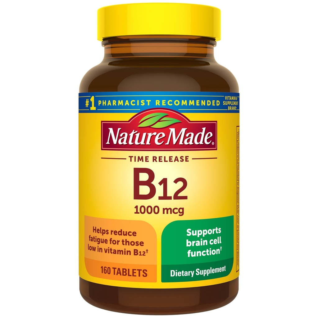 Dabā ražots vitamīns B12 1000 mcg, uztura bagātinātājs enerģijas vielmaiņas atbalstam, 160 Laika atbrīvošanas tabletes, 160 dienu piegādes