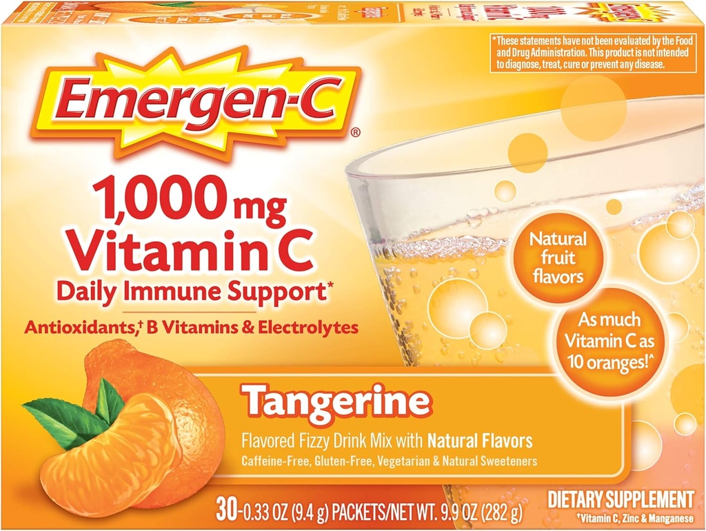 Emergen-C 1000mg C vitamīna pulveris, ar antioksidantiem, B vitamīniem un elektrolītiem, C vitamīna piedevas imūnās uzturvielas, kofeīns bez dzirkstošo dzērienu maisījums, tanžerīni Flavor - 30 Count