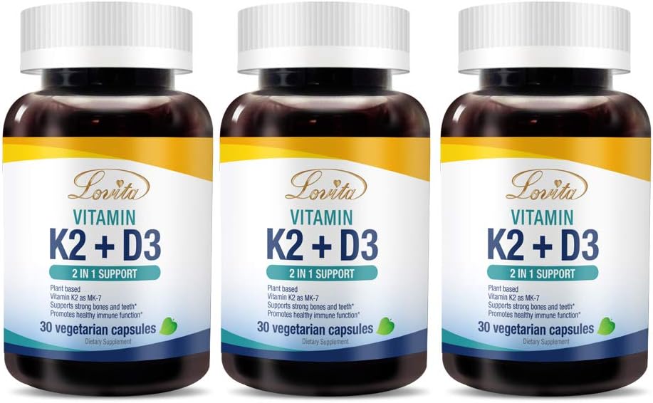 Lovita K2 vitamīns + D3, 400 SV Vegan D3 vitamīns un 120 μg K2 vitamīns (MK-7), 2 pēc 1 formulas, imūno vitamīnu komplekss, uztur Jūsu sirdi, zobus un imūnās funkcijas, 30 veģetārās kapsulas (3. iepakojumā)