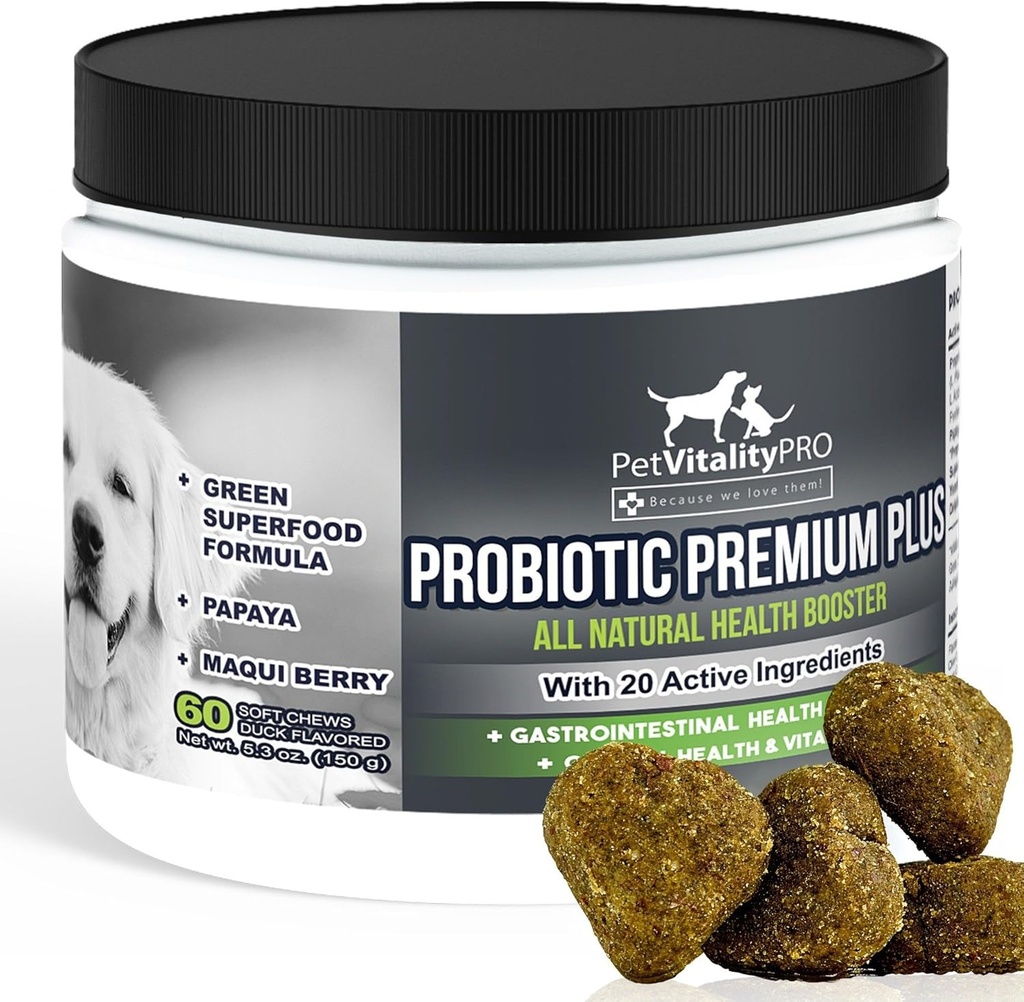 Probiotikas suņiem ar dabas gremošanas enzīmiem ● 4 Bill KVV/ 2 Soft Chews ● Dog Diareja Uzsūkšanās Kuņģa rauga gāze Slikta elpa Alerģija Ādas nieze Karsti plankumi ● 60 Skaits