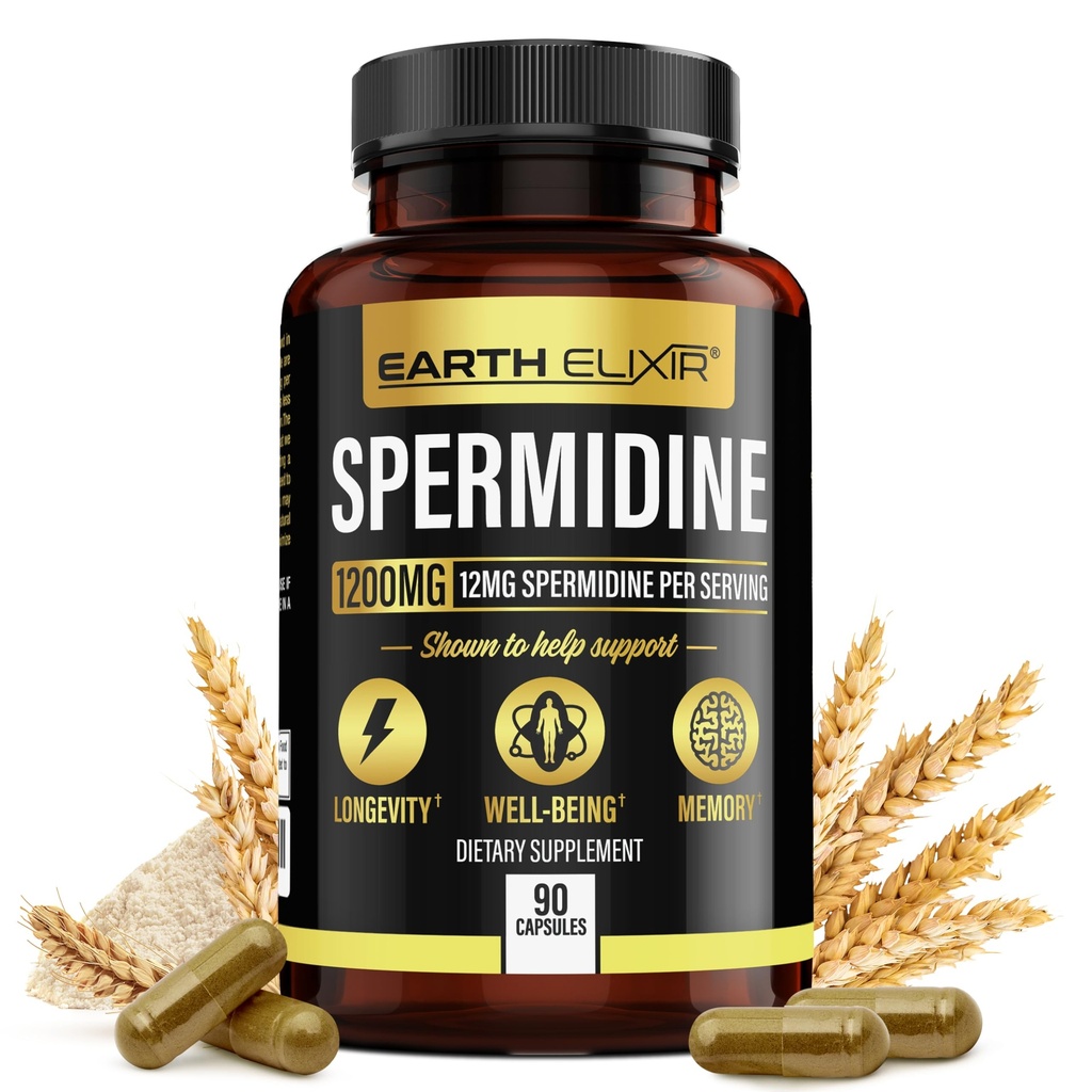 Zemes eliksīrs Spermidīna piedevas 1200 mg (90 kapsulas) – Pretnovecošanās - 3. partija pārbaudīts (12 mg spermidīna pulveris) Max Tīrība - 100% Pure Espermidina- Fermented kviešu Germ ekstrakts - NMN Alternatīva