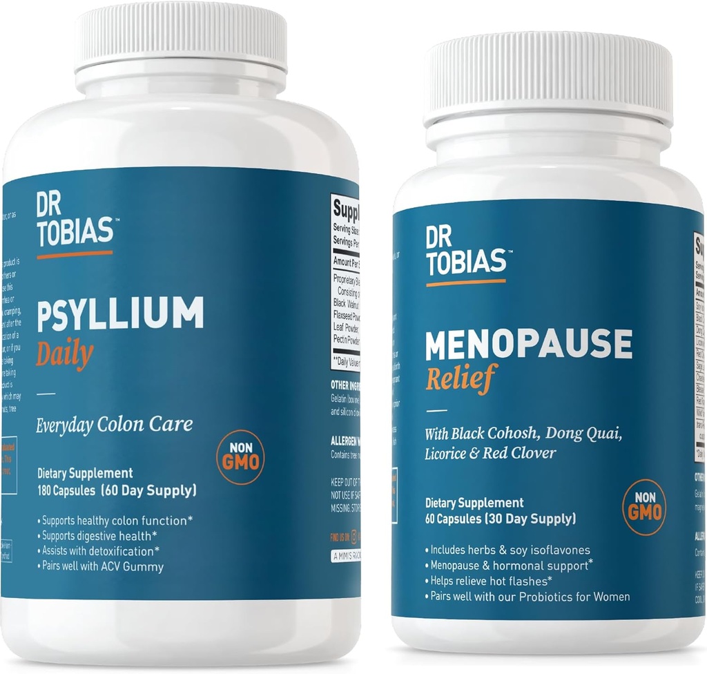 Dr Tobias Menopause Relief and Psyllium Daily - atbalsta Hormonālo līdzsvaru un gremošanas veselību, ne-ĢMO