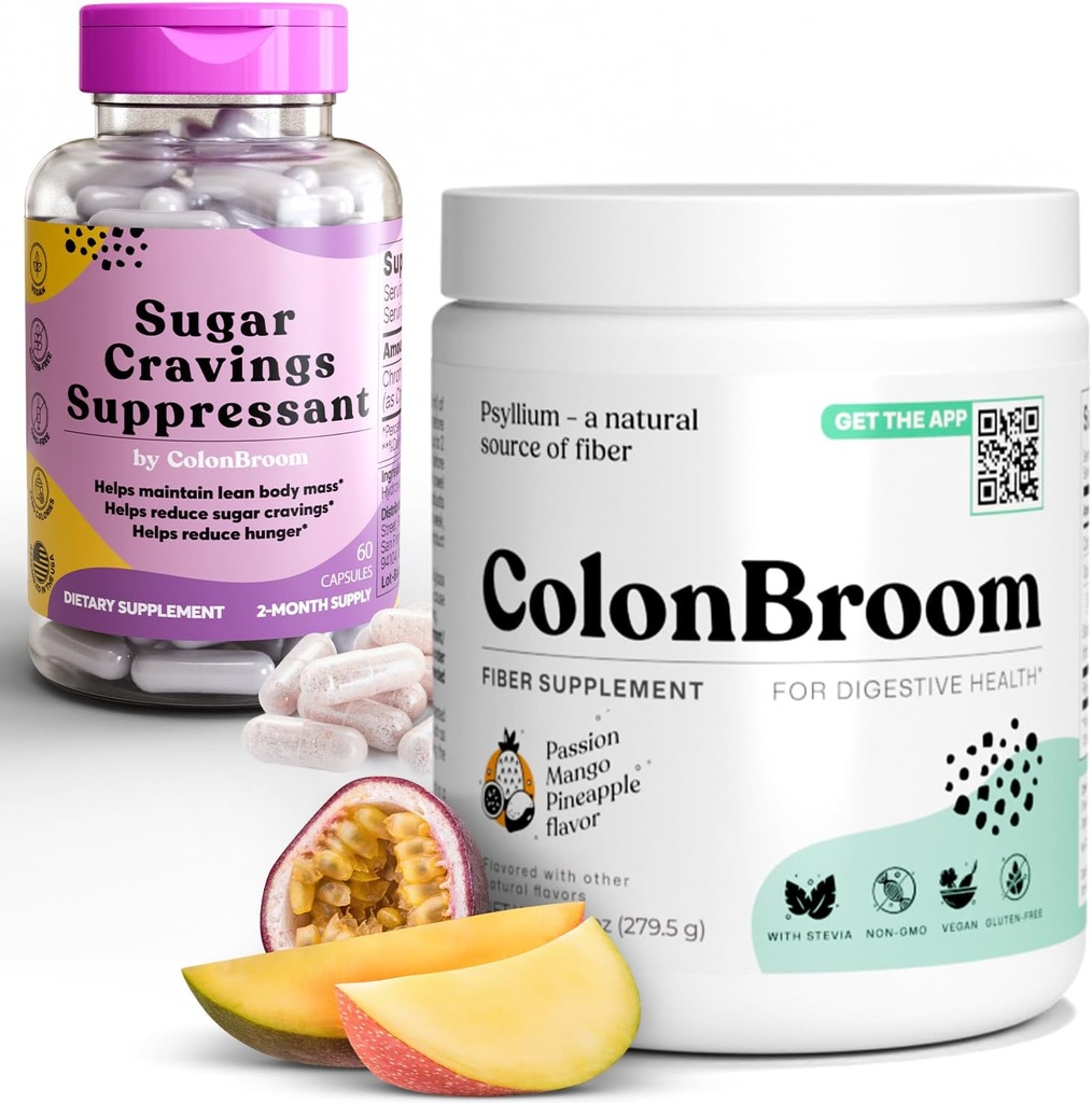 ColonBroom Psylium Husk pulvera Cukurs Craving Suppressant - Hroma Picolinate 200mcg, 2 Vienības - Colon Cleanser Fiber papildinājums (50 Kalpo) + Cukura Craving Suppressant (60 Kalpo)