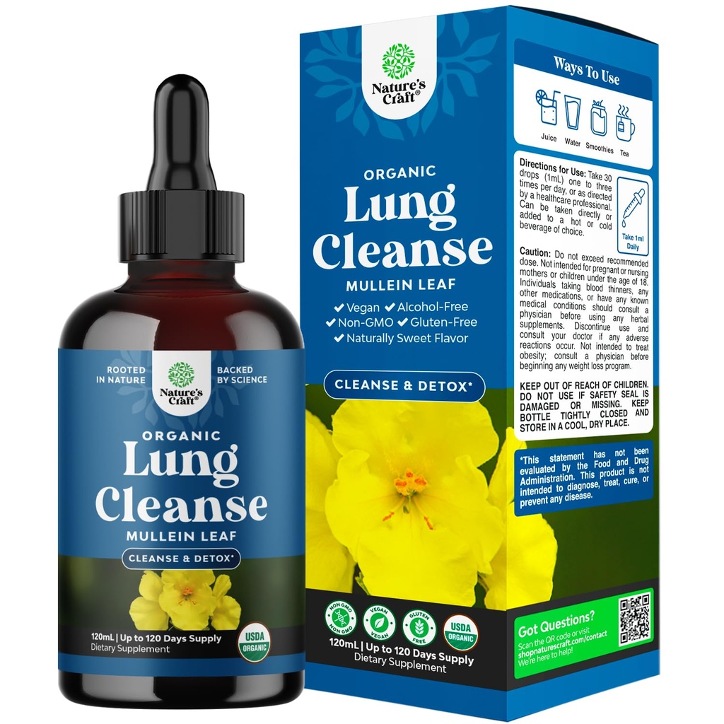 USDA Organic Mullein Pilieni par Lungs - Herbal Lung Detox & tīrīt ar Marshmallow Saknes ekstrakts un plantain Leaf par elpošanas Plaušu veselību - Mullein Leaf Tincture Drops elpošanas atbalsts - 120ml