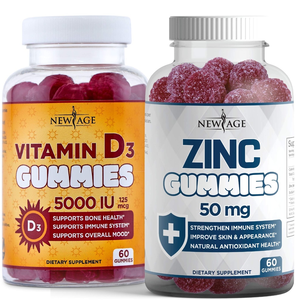 JAUNS AGE Imūnā aizsardzība Combo - 2 iepakojums - D3 vitamīns Gumies 5000 SV 125mcg un augstas iedarbības cinka gumijas, imūnā revakcinācija 120 grāvis