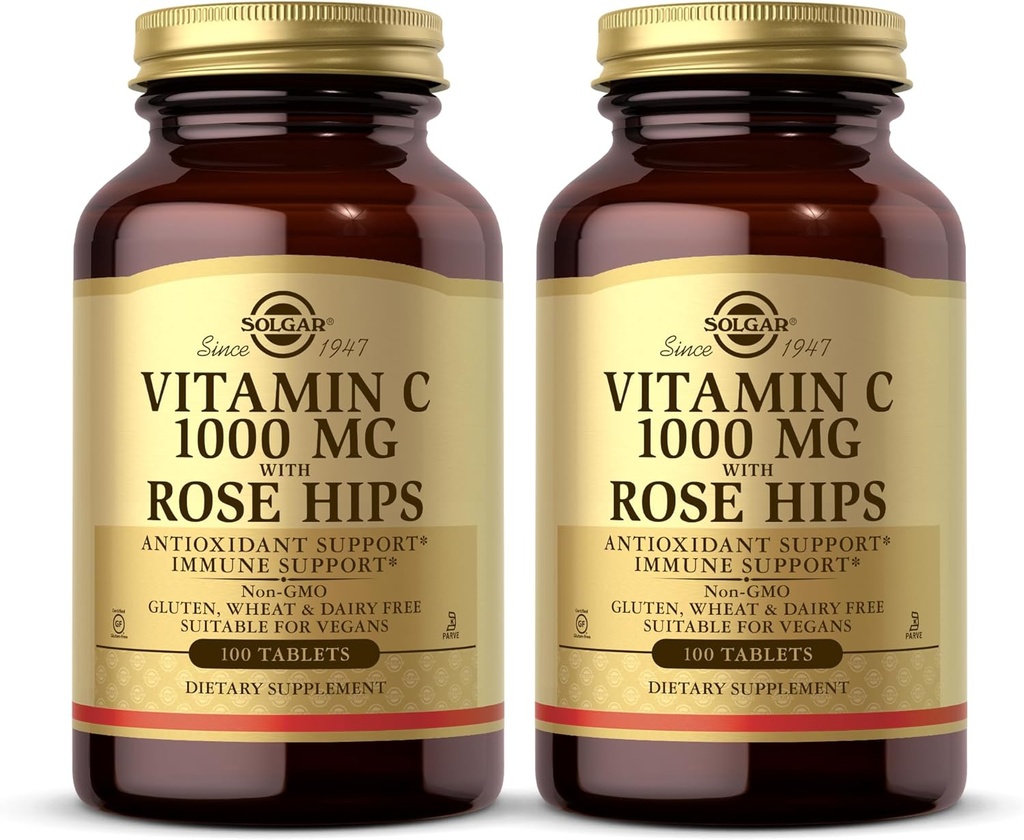 Solgar C vitamīns 1000 mg ar Rose HIPS - 100 tabletes, iepakojumā 2 - Antioksidants un imūns atbalsts - ne-GMO, vegans, bez lipekļa, bez piena, košera - 200 Kopējais serviss
