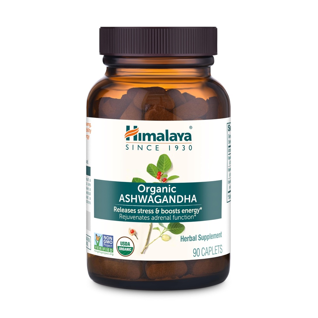 Himalaya Organic Ashwagandha, 90 dienu piegādes, augu papildinājums stresa atvieglošanai, enerģijas atbalsts, dažreiz bezmiegs, USDA Certified Organic, Non-GMO, Vegan, Gluten Free, 670 mg, 90 Caplets